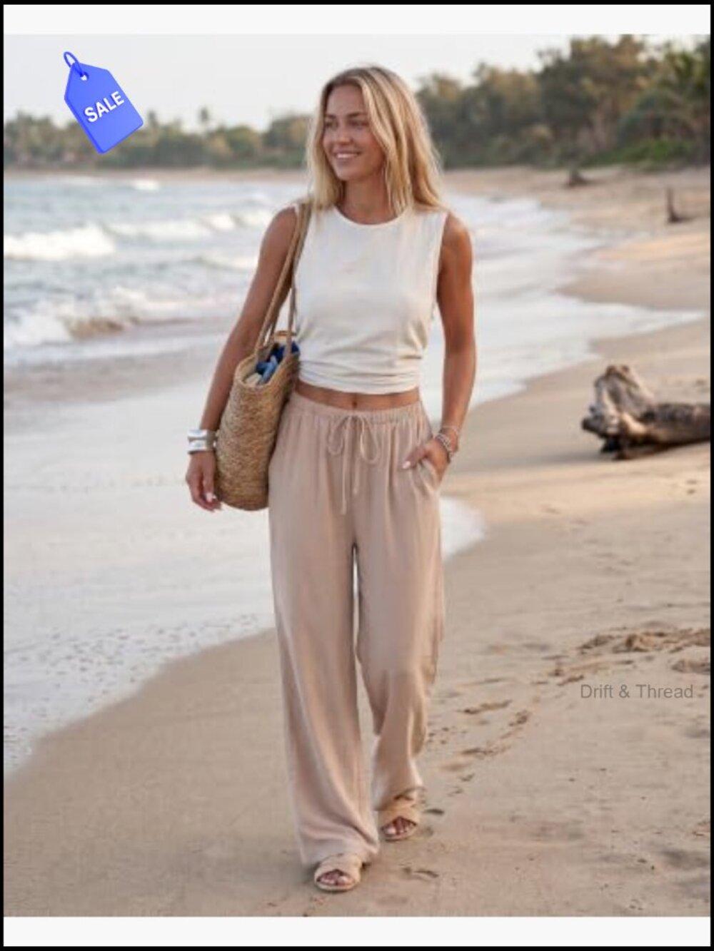 Wide Leg Palazzo Pants with Pockets Drawstring Elastic Waist - Picture 3 of 7